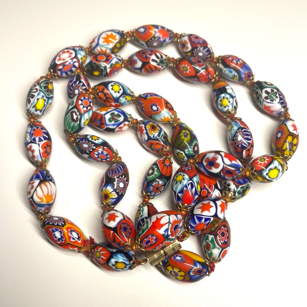 Italian millefiori glass bead necklace, Vintage. 28”